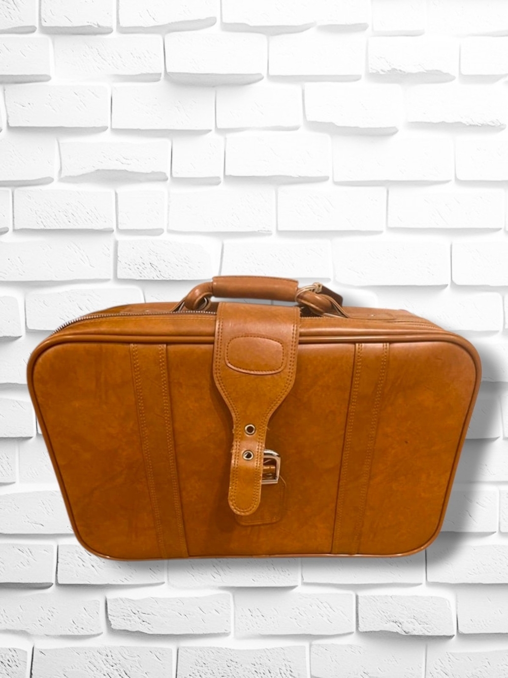 Vintage 1970s World Traveler Caramel Brown Faux Leather Carry-On Suitcase -